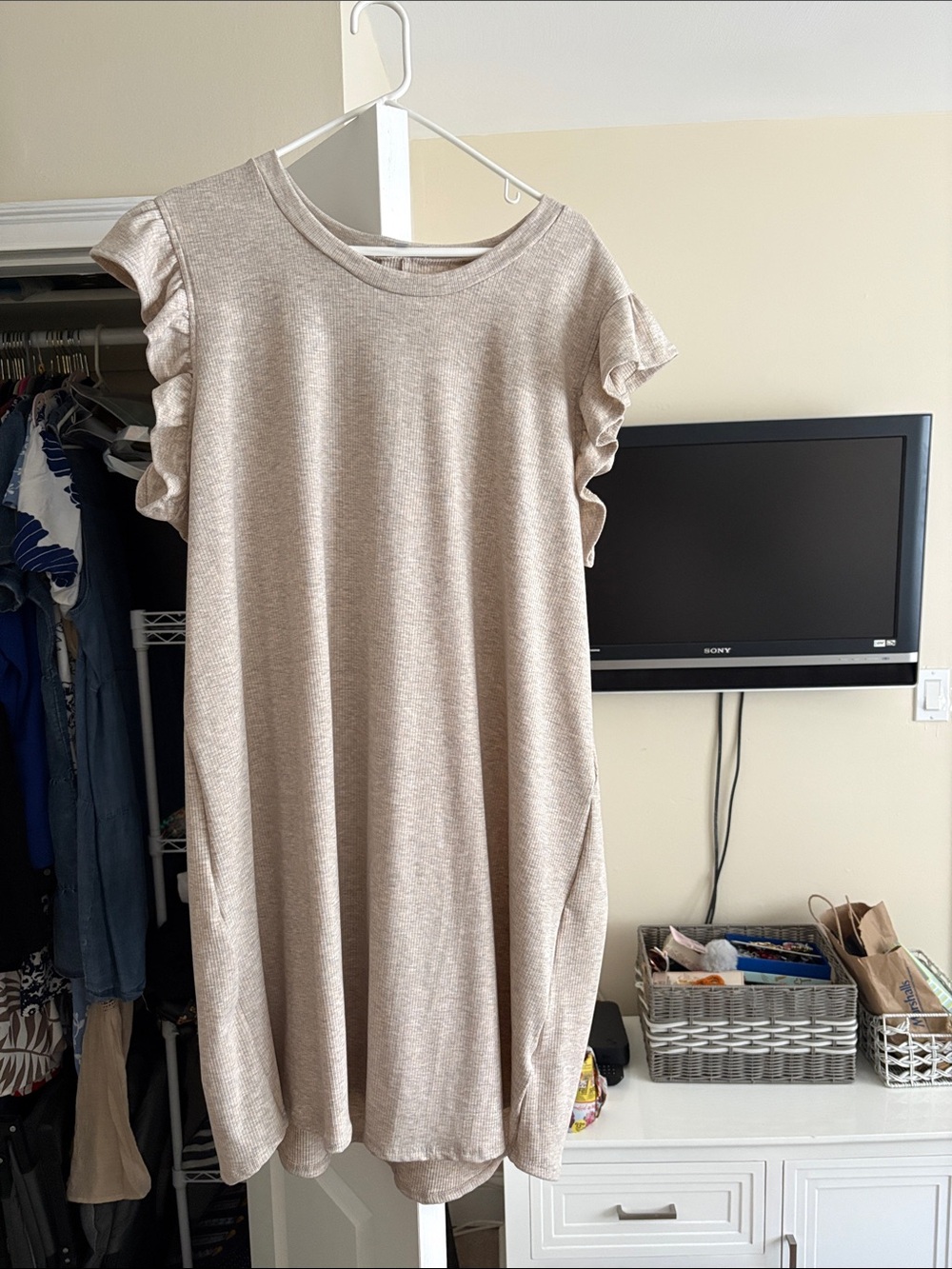 white birch Beige Ruffle Sleeve Mini Dress